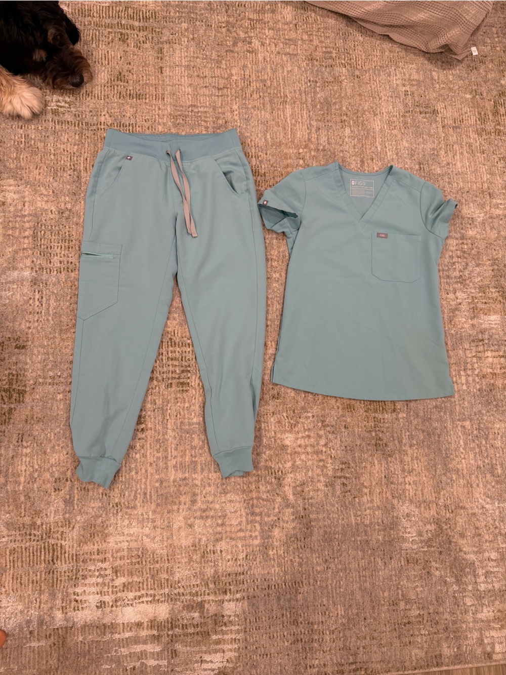 FIGS XS petite Light Teal Joggers and XXS V-neck pocket scrub top